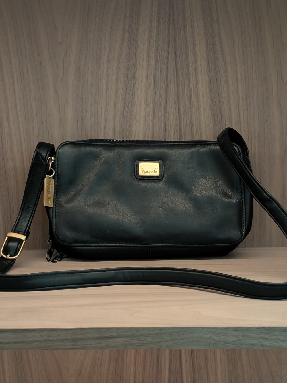 Tignanello Black Leather Crossbody Bag Purse Shoulder Handbag Adjustable Strap